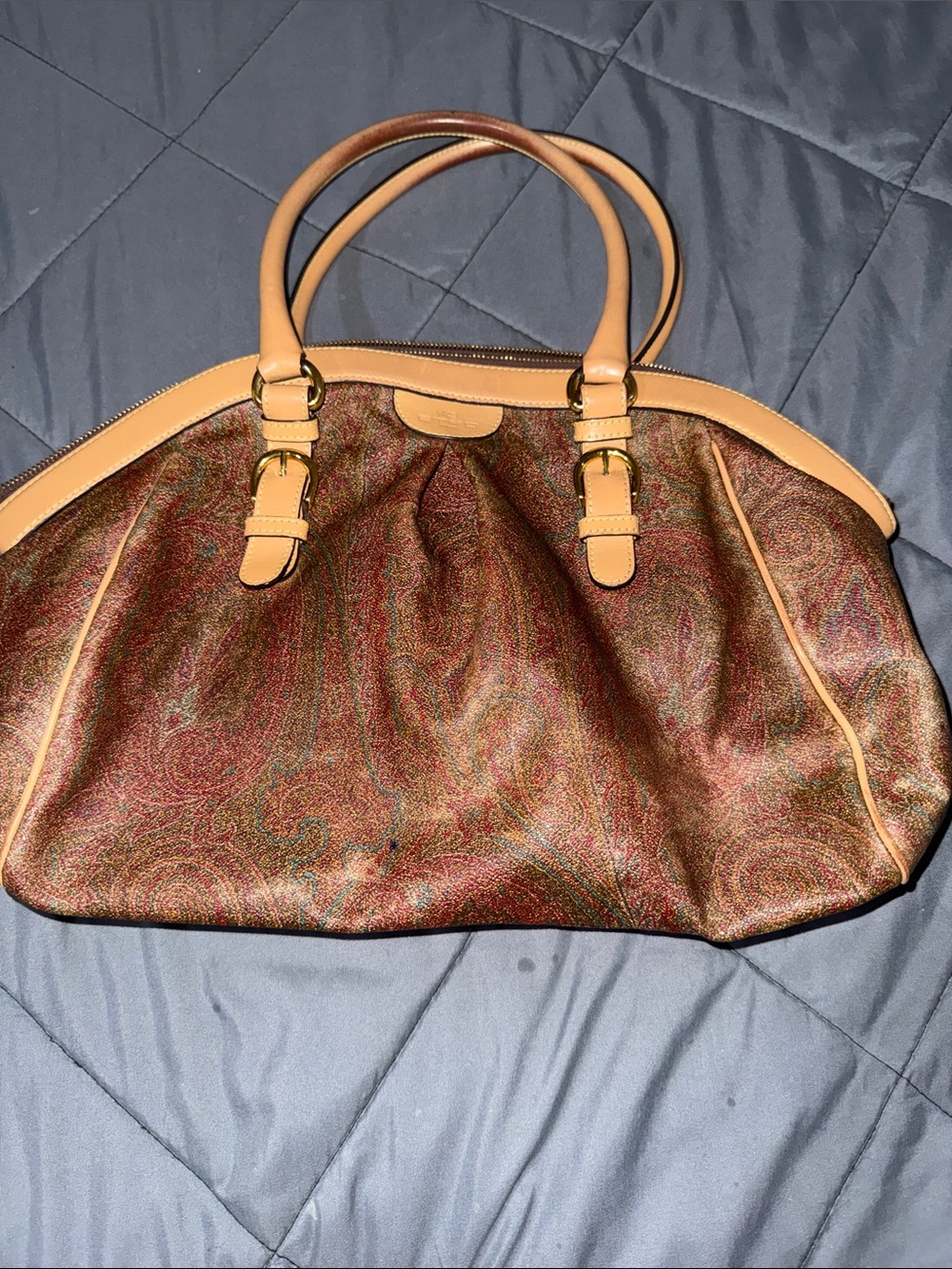 Etro Tote Handbag in Multicolor Paisley with Tan Trim